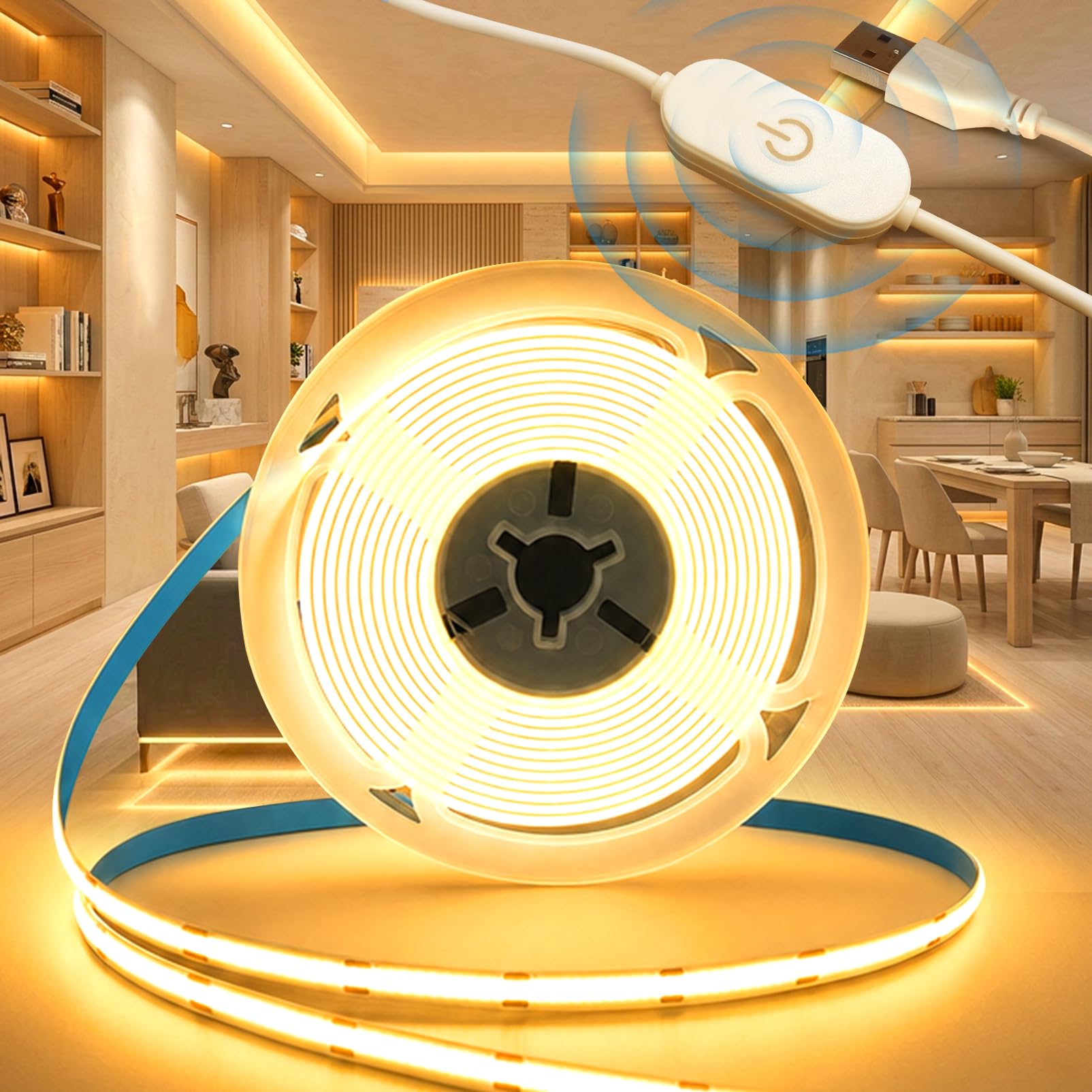 BAGZY USB 5V COB LED Strip Lights Dimmable 1M TV Backlight Warm White 3000K Flexible Dotless 320LEDs/M LED Tape Strip Lights 8mm Width for Mirror Bedroom Kitchen Indoor Decoration