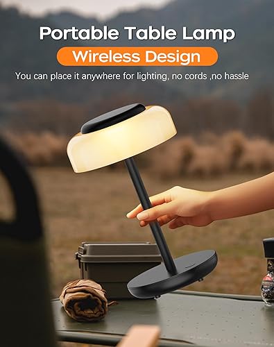 Miniatura 8 de QiMH Lámpara de mesa LED a pilas, lámpara de escritorio inalámbrica de 5000 mAh con control táctil de brillo de 3 niveles, mini luz nocturna