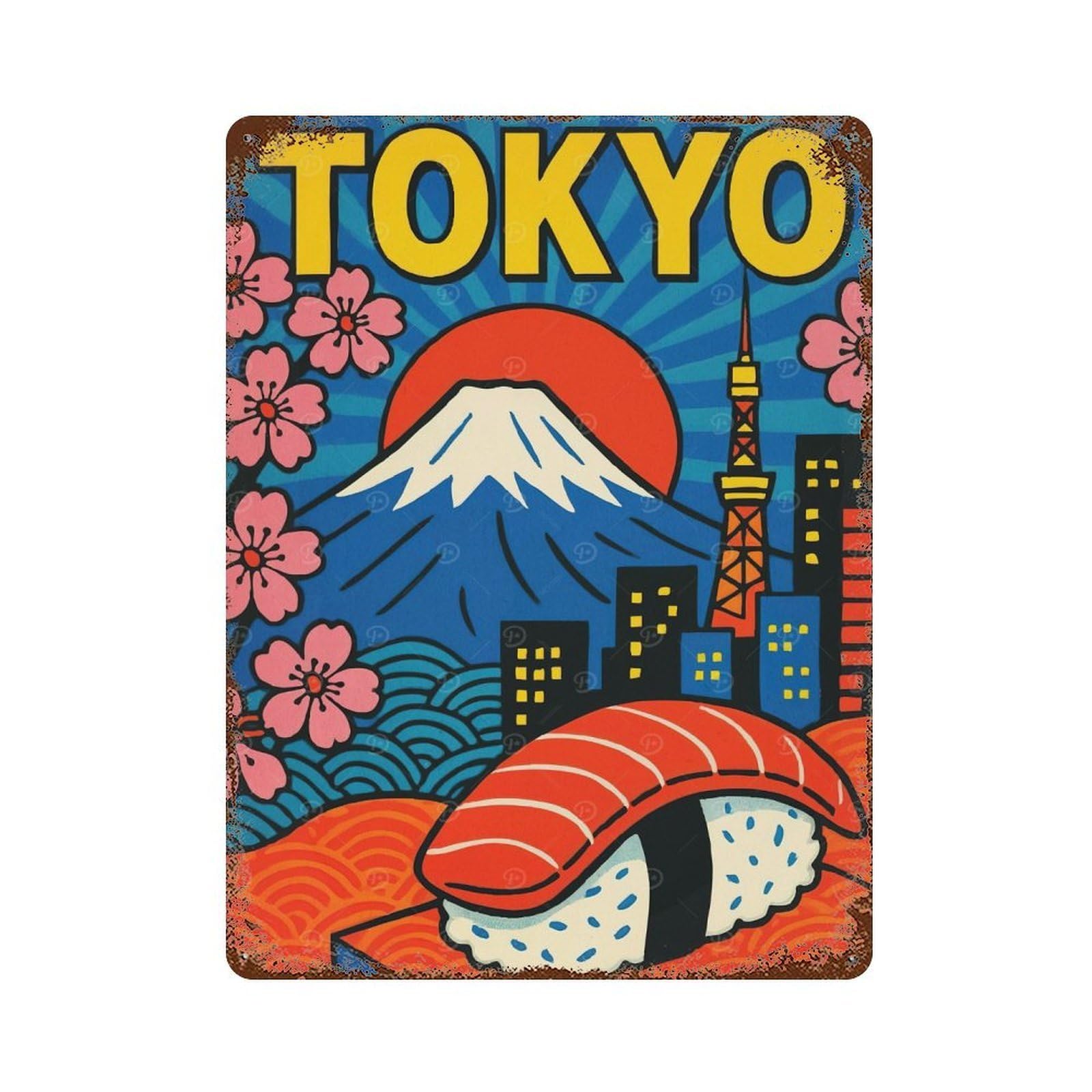 Rust Effect Tokyo Travel Rusty Metal Tin Sign 15.7"x11.8", Farmhouse Wall Decor for Shed, Workshop And Garage Wall Decor