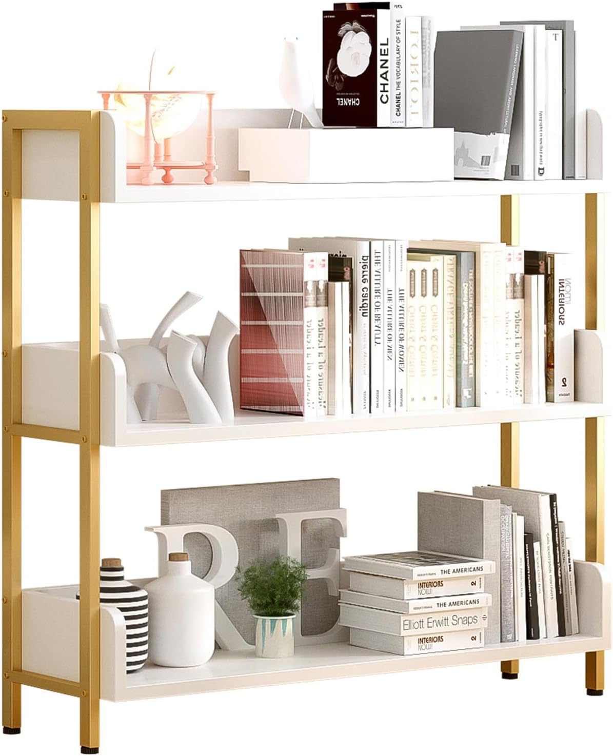 Wide Open Shelf Bookcase - Modern 3-Tier Floor Standing Display Bookshelf with Three-Side Panels for Home and Office, Storage Shelving in Warm White with Gold Frame