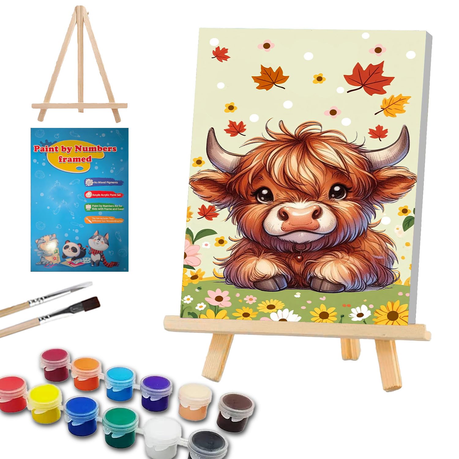 WEMEON Kuh Malen nach Zahlen ab 7 8 9 10 mit Rahmen und Staffelei | Kuh Malen Nach Zahlen Kinder Anfänger, Tiere Paint by Numbers für Mädchen und Junge mit Geschenk Box 20x30