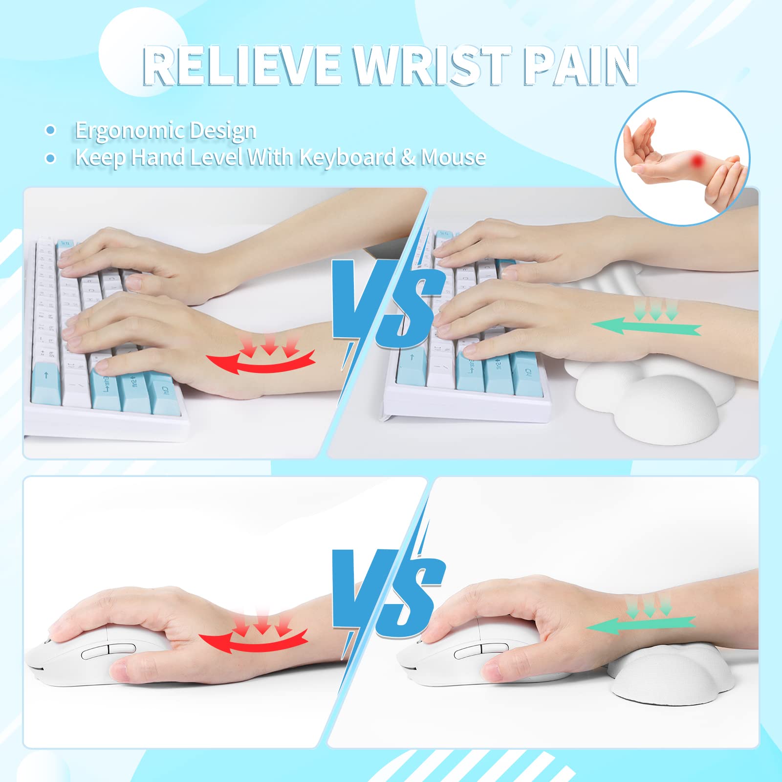 Zestaw Podpórek pod Nadgarstek do Klawiatury i Myszy - Keyboard Wrist Rest + Mouse Wrist Pad + Coaster, Pianka z Pamięcią Ergonomiczna Odkładka Pod Nadgarstek do Laptopa, Biura, Pracy, Gier - Biała
