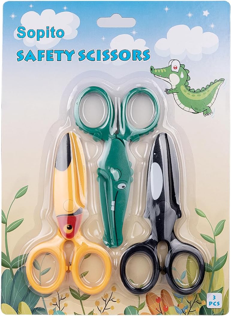 Toddler Scissors, Sopito 3PCS Pre-School Training Craft Scissors for Kids Ages 2-8, Left-Handed Right-Handed