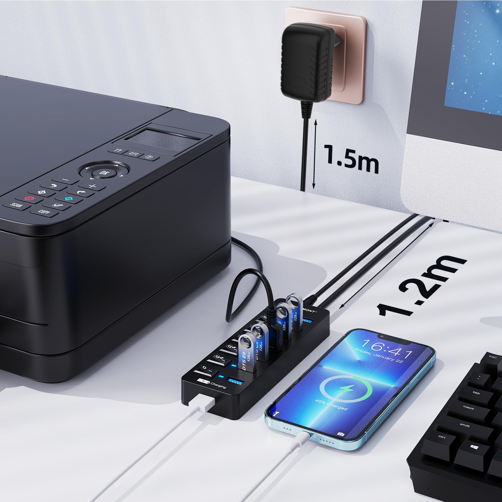VEMONT - Hub USB Activo 3.0 con Fuente de alimentación, Distribuidor USB de 7 Puertos y 1 Carga Inteligente con 5 V/3 A, Divisor con Interruptor Individual y Cable de 1,2 m de Largo para PC/Ordenador