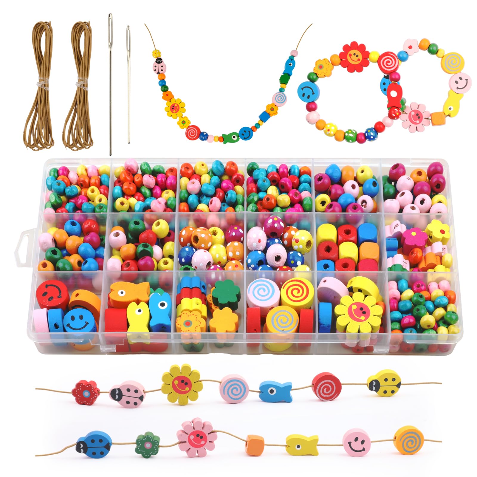 SUNRIZ Holzperlen zum Auffädeln 504 Stück, Bunt Perlen zum Auffädeln Kinder, Blumen und Tiere Holzperlen mit Schnur, für DIY Armbänder Bastelset Schmuckherstellung