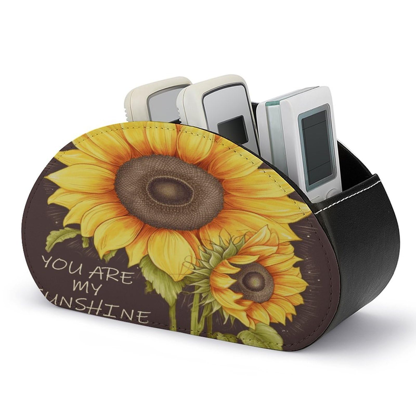 FekiLoot You Are My Sunshine Sunflower Remote Control Holder, PU Leather Remote Control Organizer Box Stationery Remote Control Box Desk Storage Organizer for DVDs,Glasses,Pens,Media Players