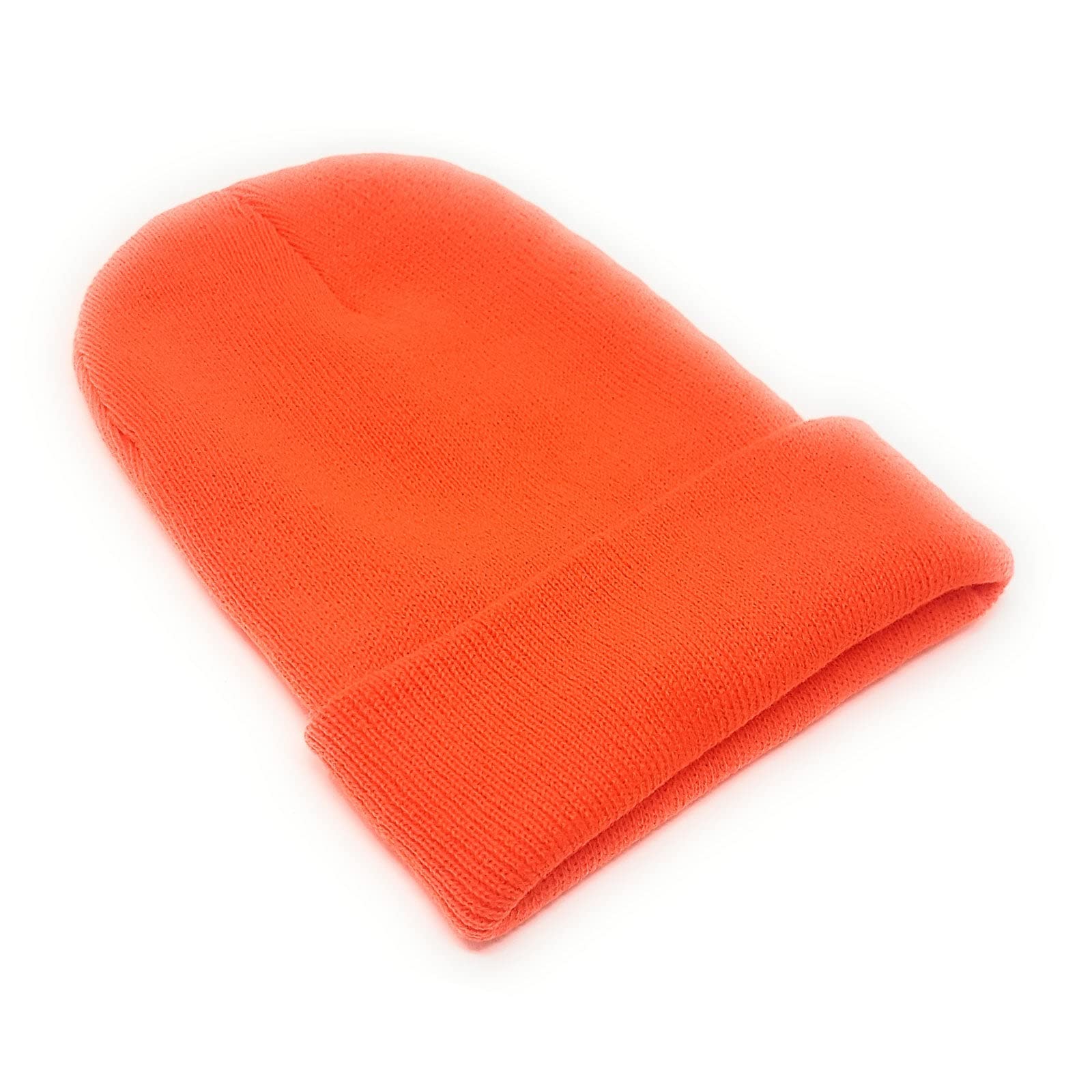 Ws Uk Men's Neon Orange Beanie Hat Ladies Wo Unisex Slouch Winter Woolly Turn Up Knitted (Neon Orange)