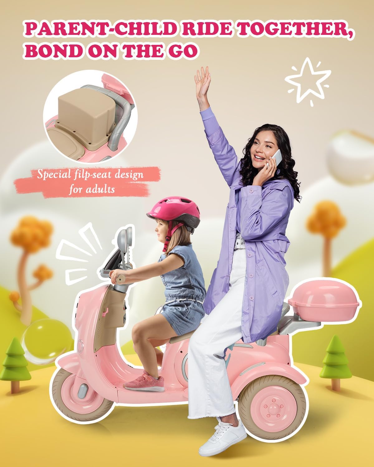 12V Ride on Motorcycle, 2 Seater Kids Electric Moped Scooter with Storage Box, Music, LED Light, Horn, 2x50W Motor, 60 mins Ride Time, Ride on Toys for Girls Boys Ages 3-6, Pink