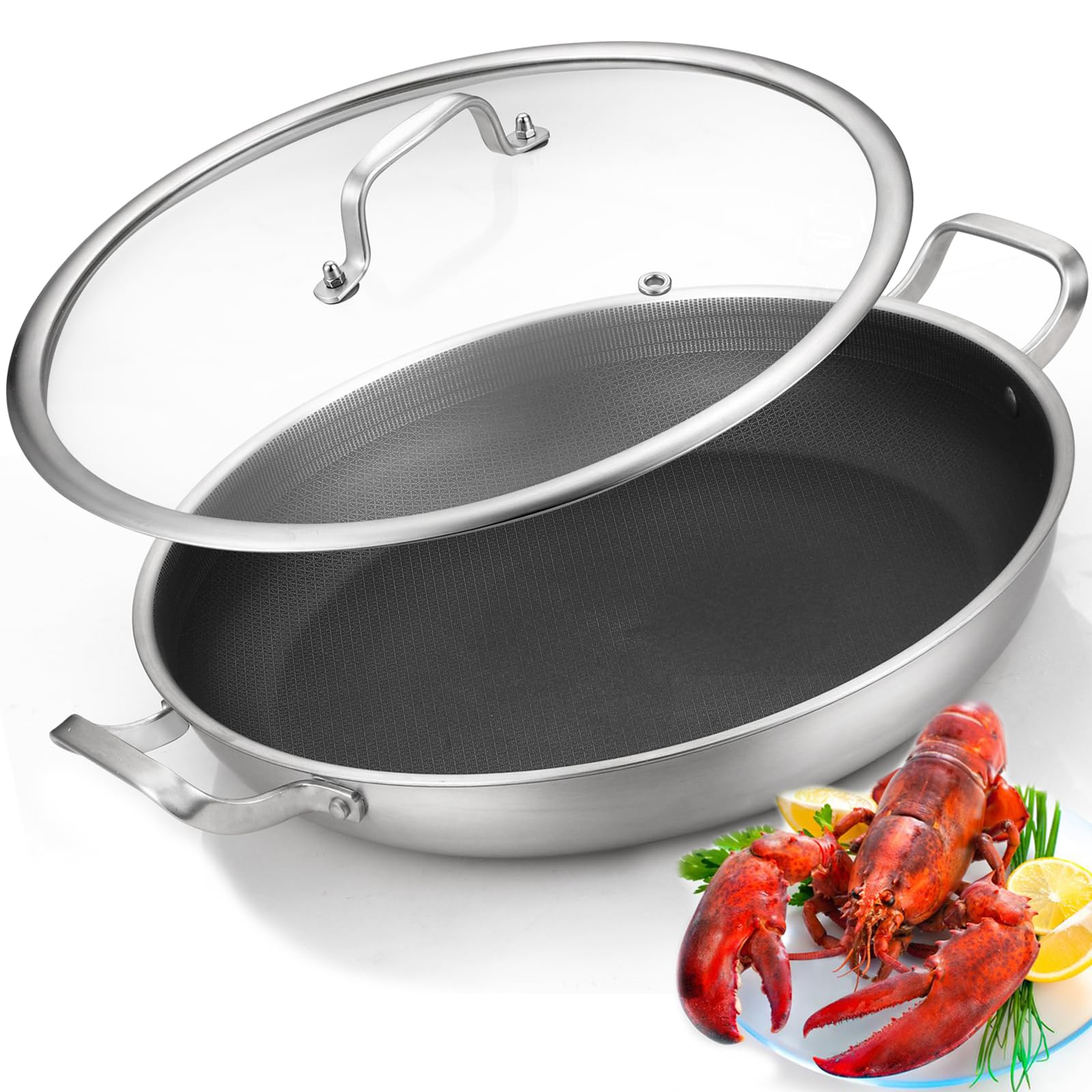 Yeksum 14.5 inch stainless steel paella pan with lid and honeycomb hybrid surface