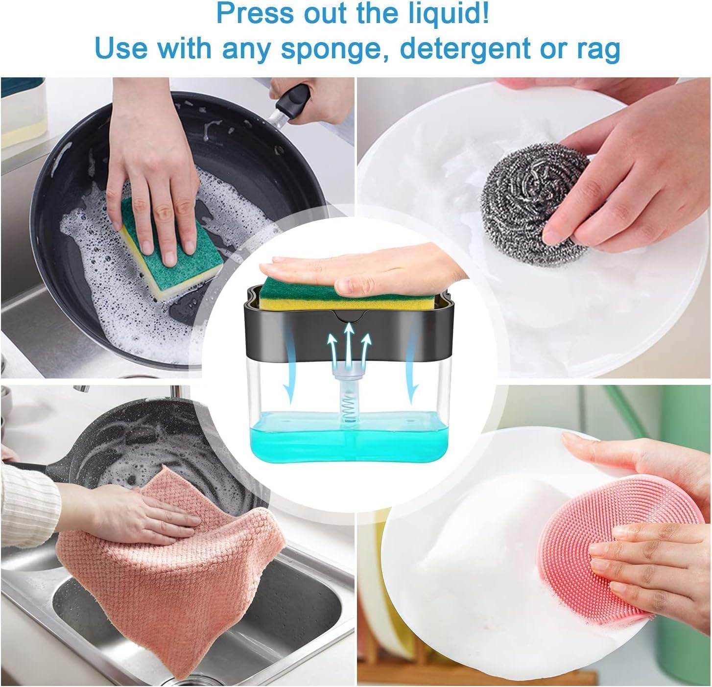 SPICIXE TEKCOOL 2 in 1 Soap Dispenser for Bathroom Accessories Dishwasher Liquid Holder Liquid Dispenser Pump 400 ML with Sponge Holder Kitchen Sink Accessories Items (Multi-Color) 3