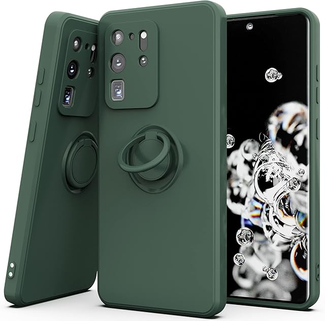 YmhxcY Galaxy S20 Ultra Case,360°Ring Holder Slim Silicone Soft Rubber Hybrid Hard Protection Shockproof Bumper Non-Slip Cover for Samsung Galaxy S20 Ultra 6.9" D-Dark Green