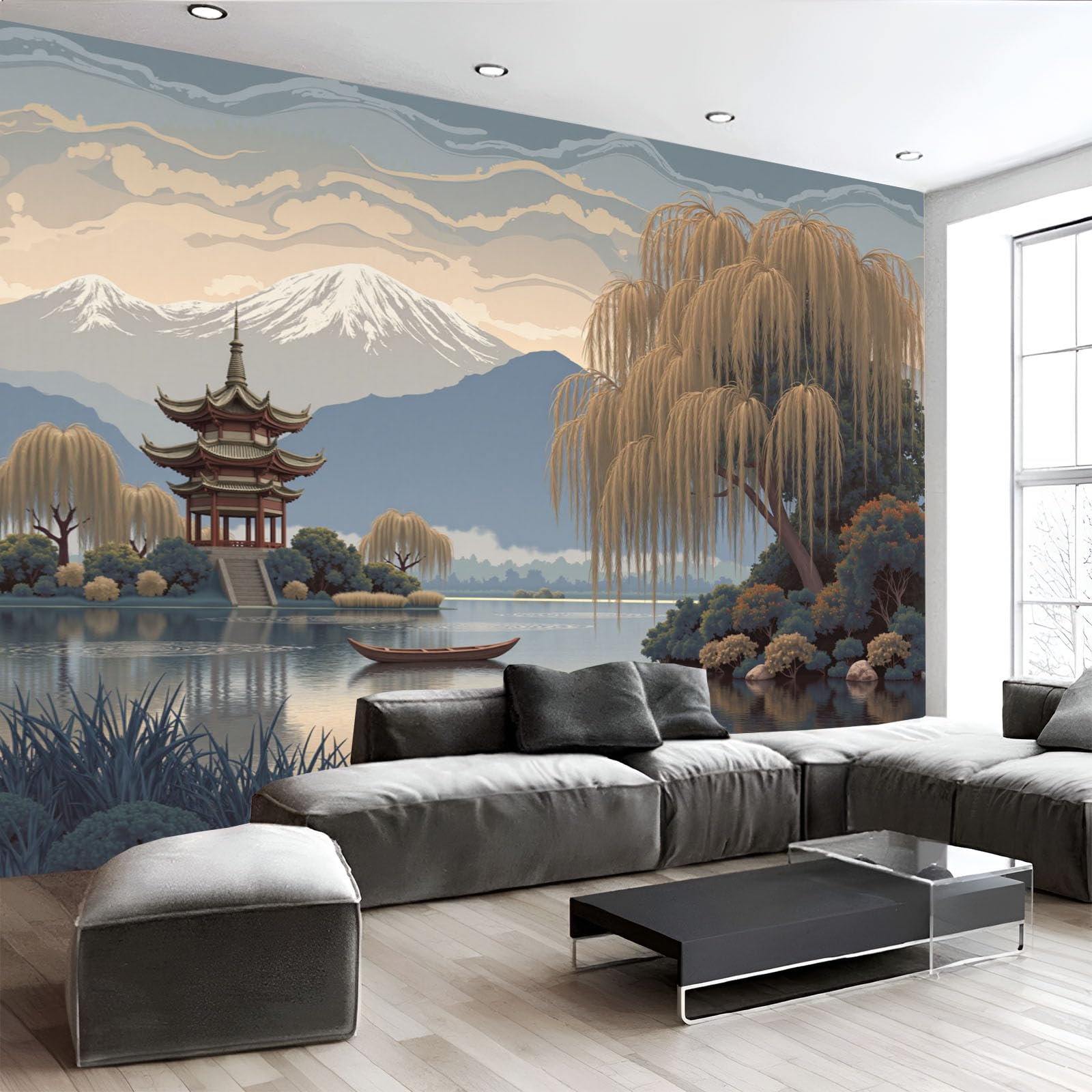 Papel Pintado 3D Río Pabellones Sauces Llorones 250Anx175Al cm Fotomurales Tejido No Tejido, Paisaje Papel Tapiz Grande Murales Fotográfico Moderno Decoración de Paredes