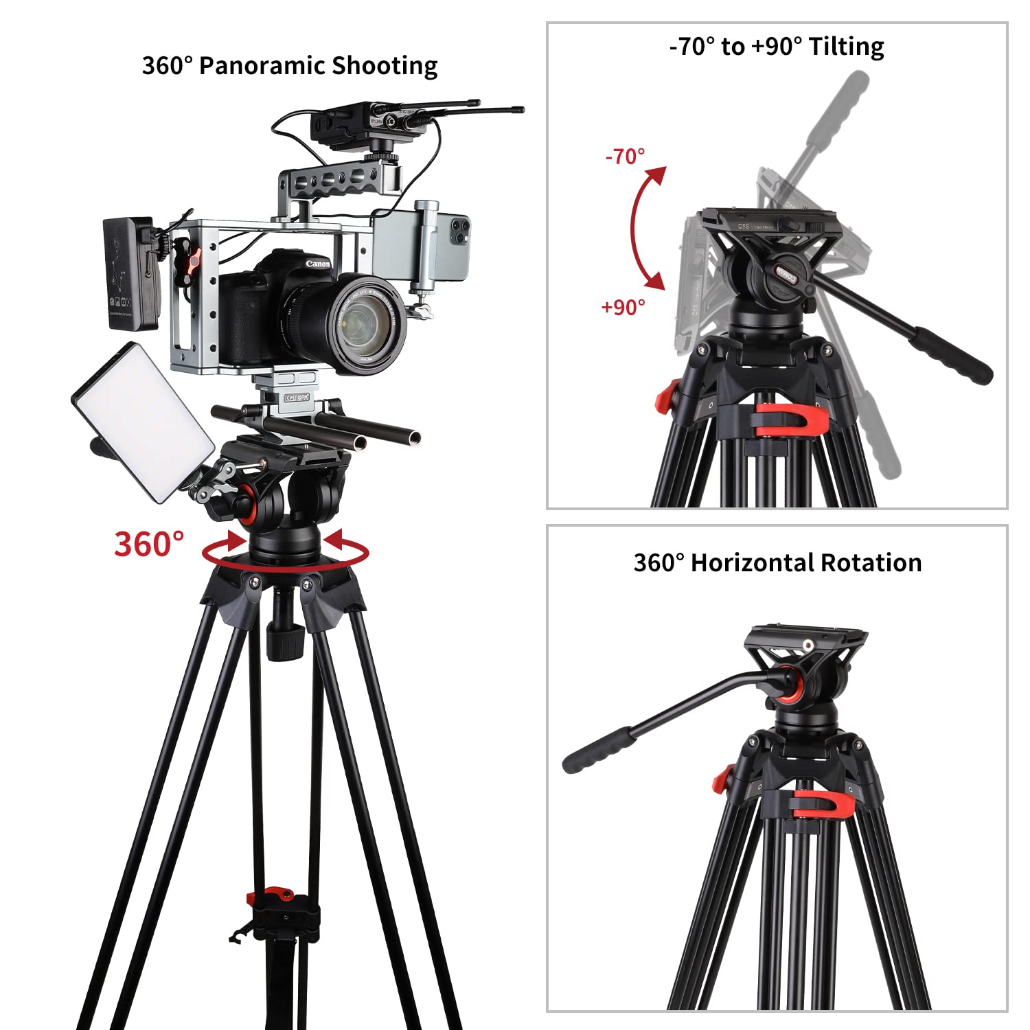 COMAN treppiede fotocamera da 188 cm Robusto treppiede per videocamera professionale Borsa per il trasporto da 8 kg Inclusa piastra a sgancio rapido, cavalletto fotografico tripod