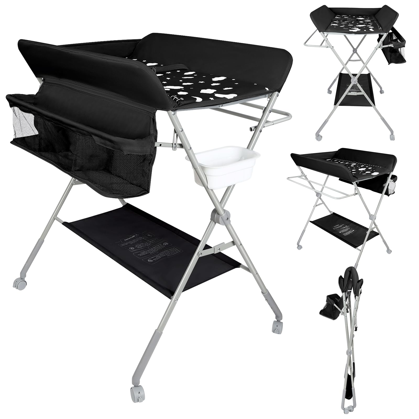 Mueble Cambiador Bebe Plegable y Portátil, Cambiador con 4 Ruedas, 3 Posiciones de Ajuste de Altura, Bañera Cambiador-80 * 58 * 90cm-negro