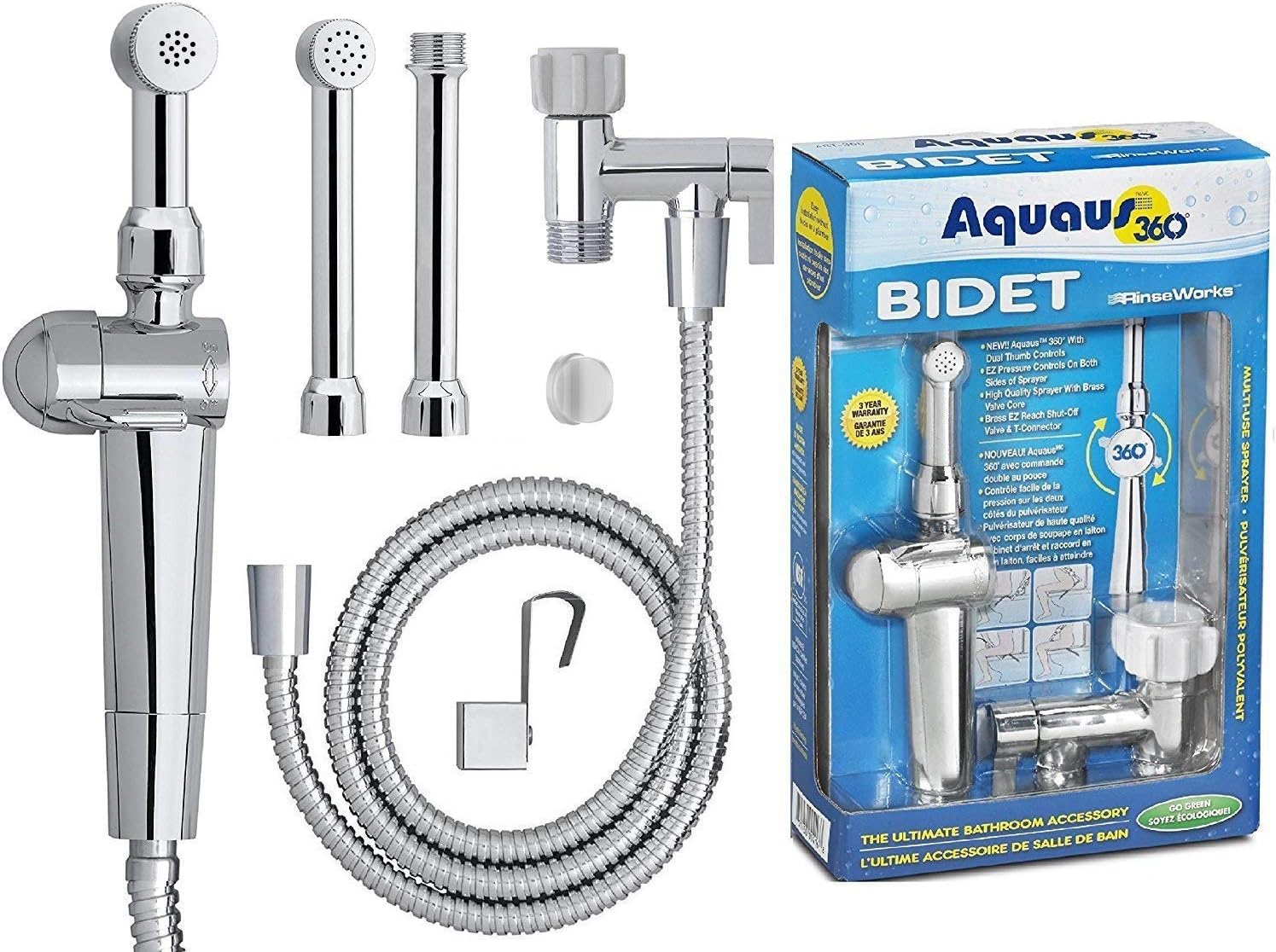 RinseWorks - Aquaus 360 Patented Hand Held Bidet Sprayer - NSF cUPC Certified for Legal Installation - 2 Backflows โ Dual Pressure Controls - StayFlex Hose - 3 to 11 Inch Spray reach - 3 Year Warranty