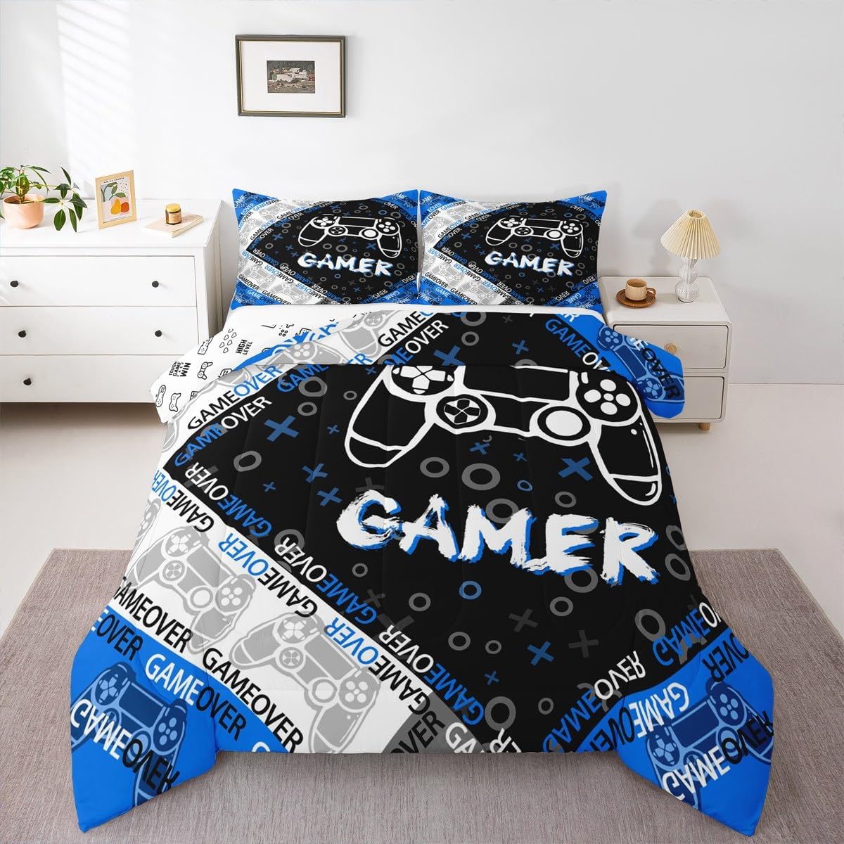 Feelyou Kids Gamer Comforter Set for Boys Teens, Blue Gaming Bedding Sets Twin Size Video Game Controller Reversible Quilt Set All Season Home Decor with 1 Pillowcase