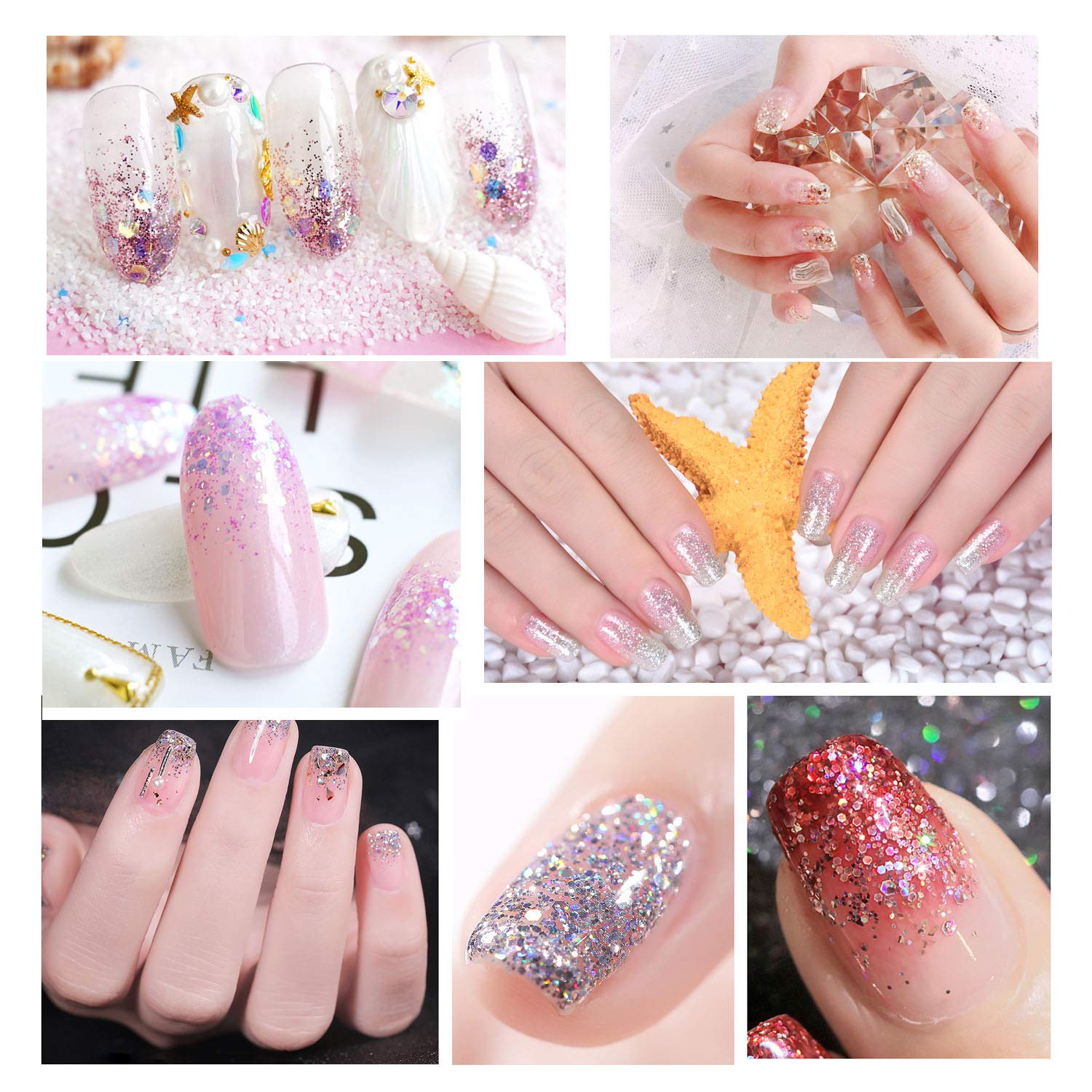 HOWAF 12 garnków Beauty Nail Glitter Cekiny puder z pędzelkiem 2 szt., mieszanka holograficznych brokatowych cekinów puder pył do paznokci twarzy oczu ciała włosów 3D zdobienia paznokci dekoracja
