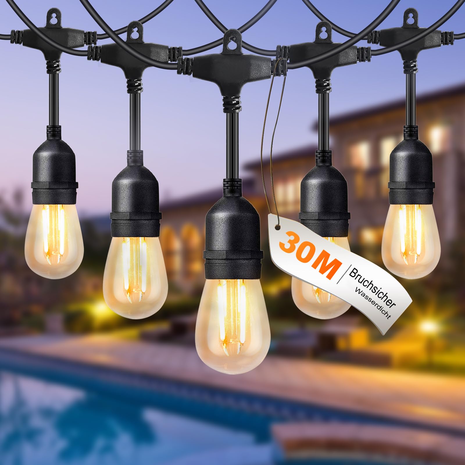 BRIMAX 30m LED Lichterkette Außen mit 30+2 E27 Glühbirnen 2700K Warmweiß | 2W Pro Bulb, AC 220-240V, IP44 Wasserdicht, für Garten Party Hochzeit Camping Outdoor