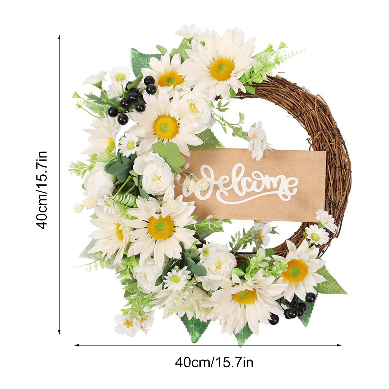 Ghirlanda di Girasoli Artificiali, Ghirlande Estive per la Decorazione della Porta D'ingresso, 15,7 Pollici Ghirlande Primaverili Estive di Girasole Bianco con Cartello di Benvenuto per la Parete Dell