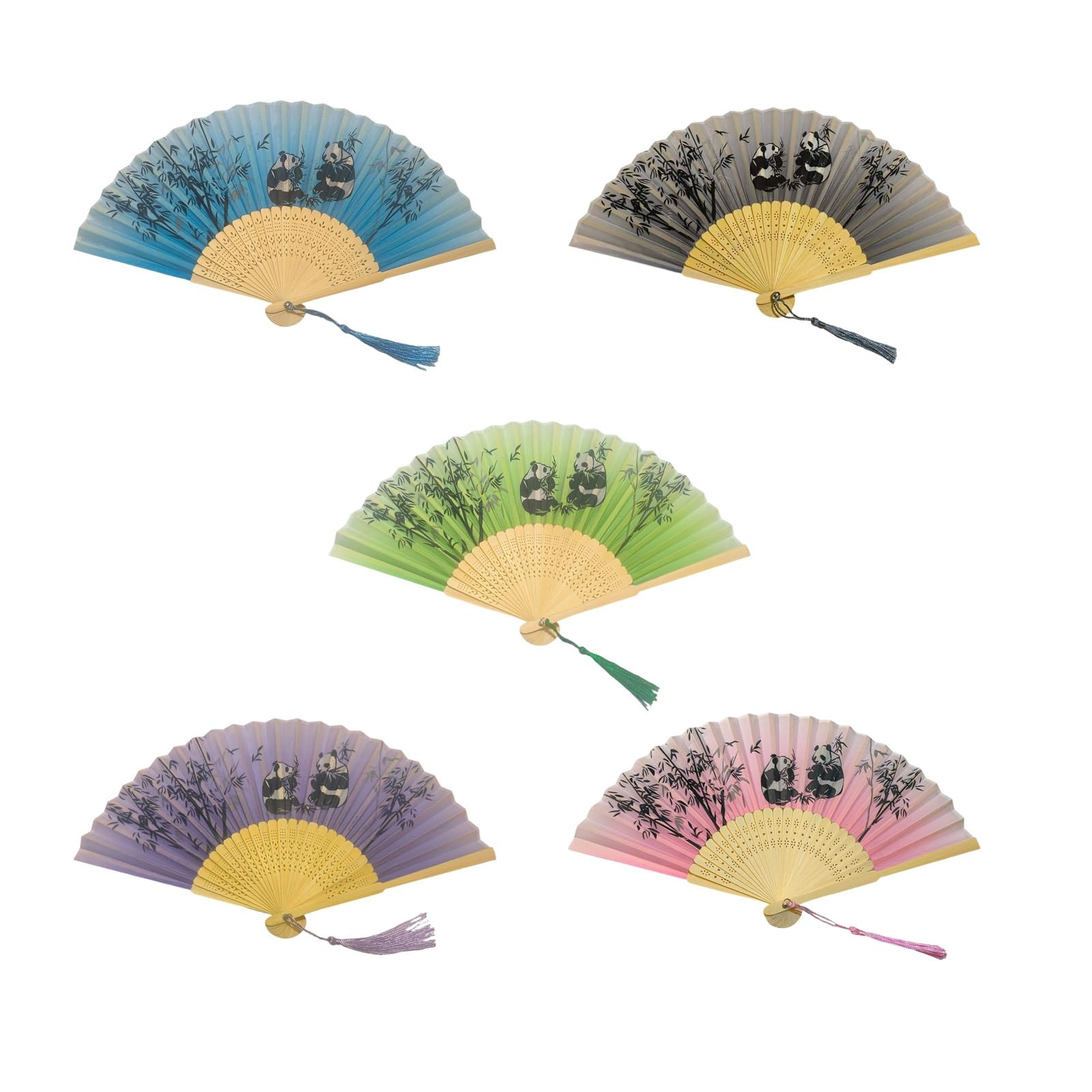 Jazuaiao Chinese Styles Panda Pattern Hand Fan 5Pieces Silk Fabric Dancing Foldable Handheld Fan for Parties Ceremonies for Dance