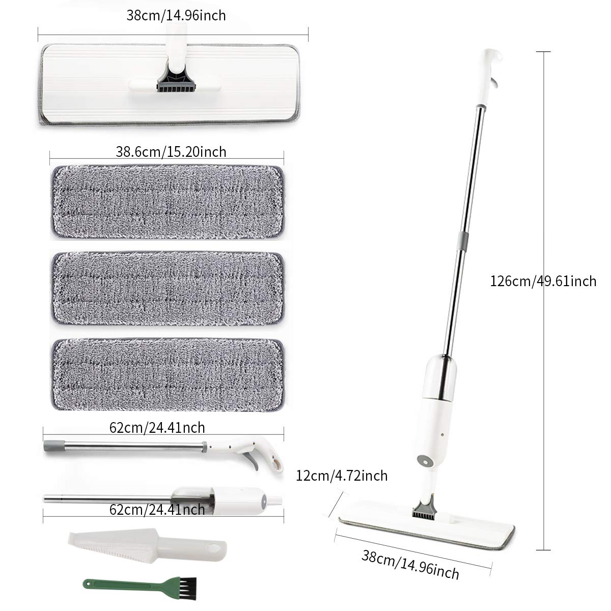 EZ SPARES Trapeador en aerosol para limpieza de suelos, con una botella de spray recargable y 3 almohadillas lavables, mopa con mango para el hogar, cocina, madera, laminada, madera, baldosas de