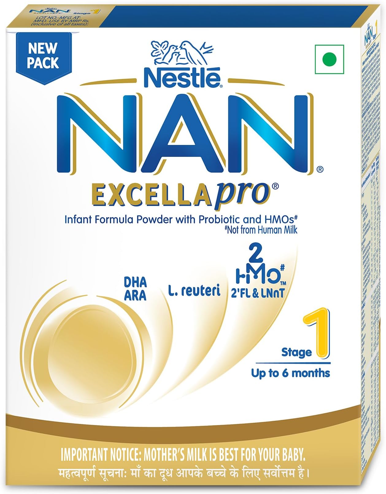 EXCELLAPRO Nan Stage 1 Infant Formula Milk Powder For Babies (Up To 6 Months) With Hmos & Probiotic, 400g Bag-In-Box Pack