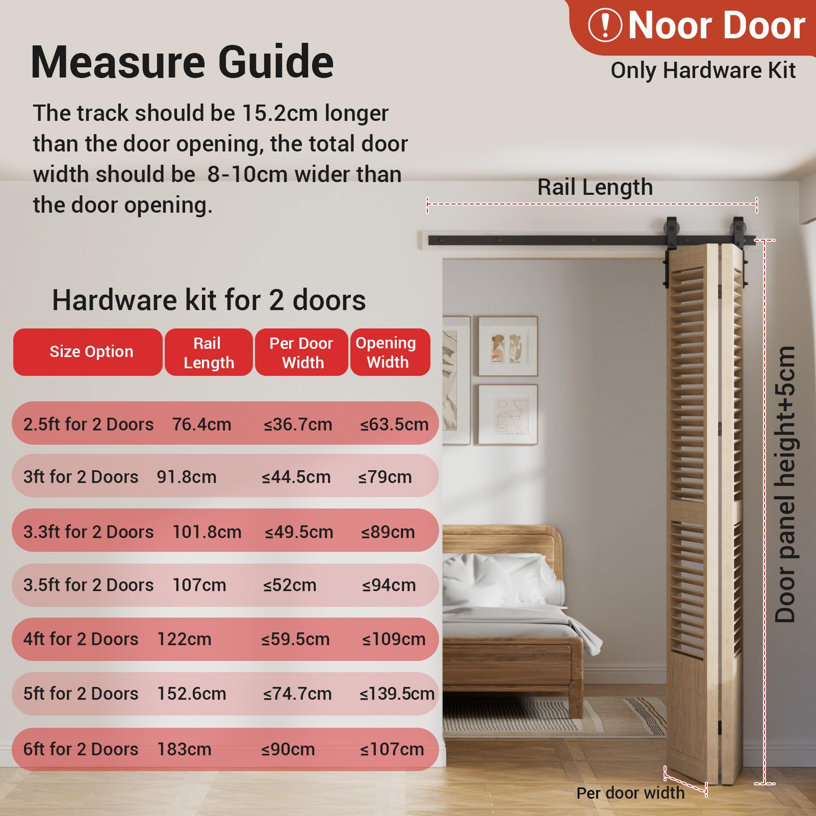 203cm/6.6FT Binario per Porta Scorrevole Bifold Kit Porta Scorrevole Nera per 2 Porte Scorrevoli Interno Esterno Muro 99cm Larga