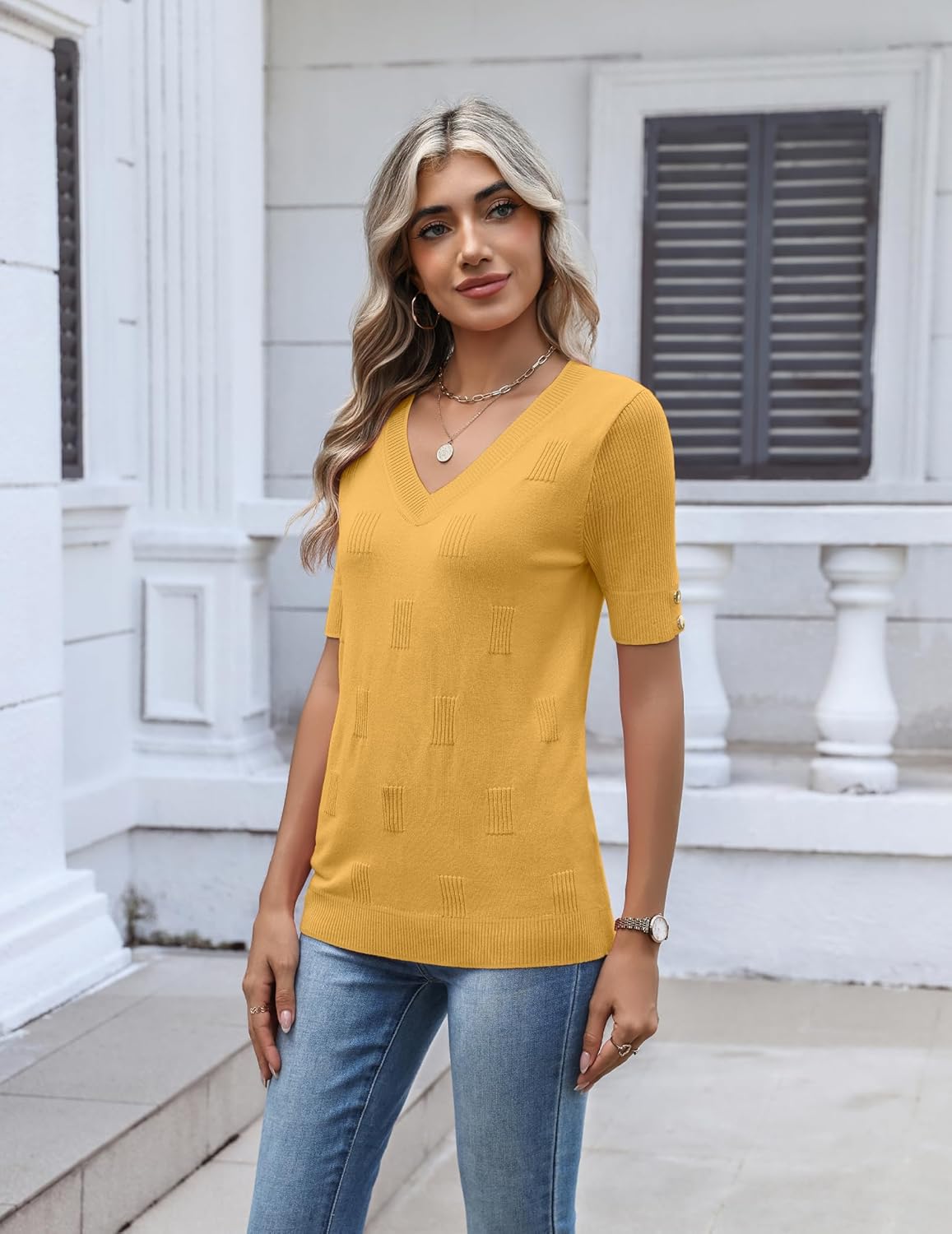 Zeagoo Womens Short Sleeve Sweater 2026 Summer V Neck Lightweight Sweater Tops Dressy Ribbed Knit Outfits with Buttons - Image 3