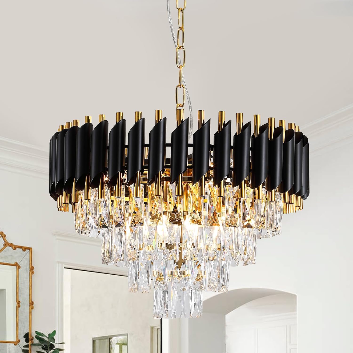 TRIXY Modern Crystal Chandelier, 500 mm Round, 4-Tier Black Gold, K9 Crystal Ceiling Light Fixture for Living Room and Hallway-image-32