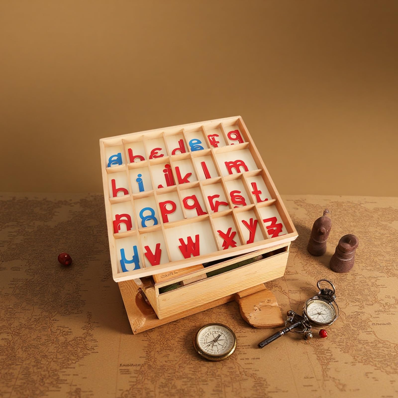 Alfabeto móvil con caja y manta, juego de alfabeto de madera para educación temprana, consonantes rojas y vocales azules, letras cursivas pequeñas, 13.6 x 13 x 1 pulgadas