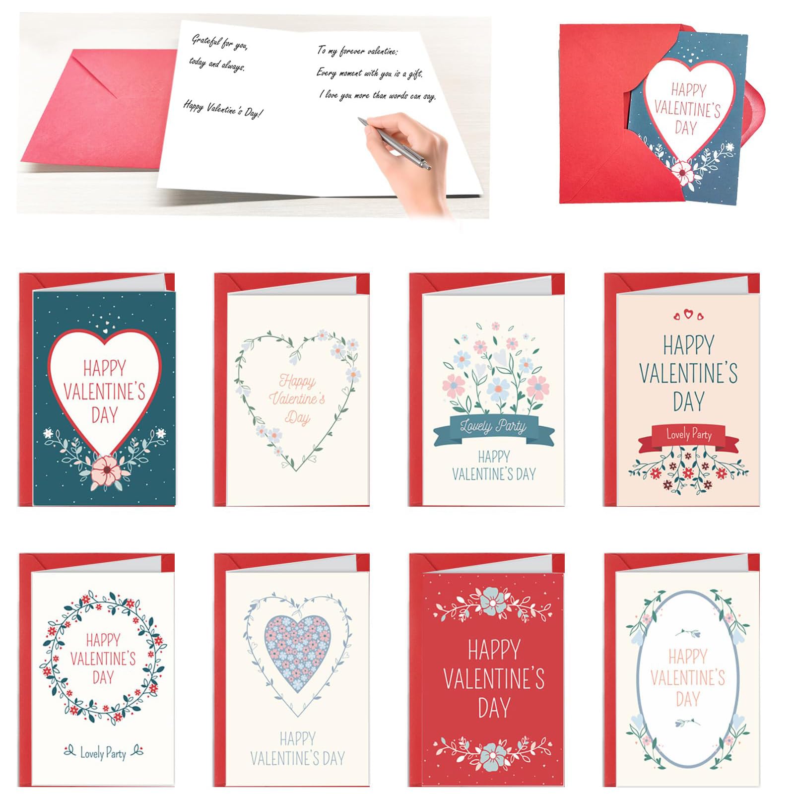 8 Packs Valentines Day Cards For Him With Red Envelopes,Funny Valentines Cards For Kids Classroom School,Valentines Day Gifts For Her,Floral Wreath & Heart Greeting Cards For Husband,Friends