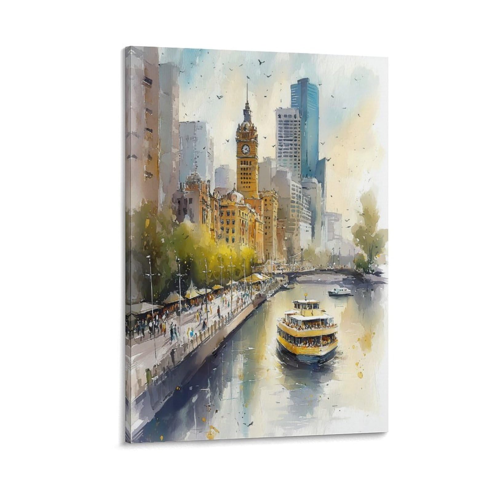 XWYMXZ Boston Skyline Watercolor Painting Travel Poster 24x36inch(60x90cm) Vintage Watercolor Canvas Art