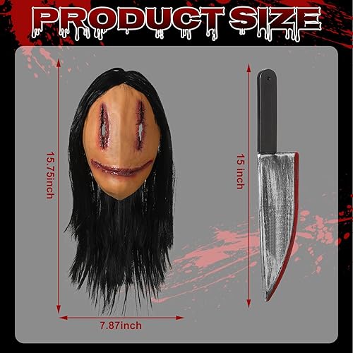 Miniatura 2 de Liliful Máscara espeluznante de Halloween con cabello, máscara de diablo de terror con cuchillo, costuras de miedo, máscara de fantasma femenino de