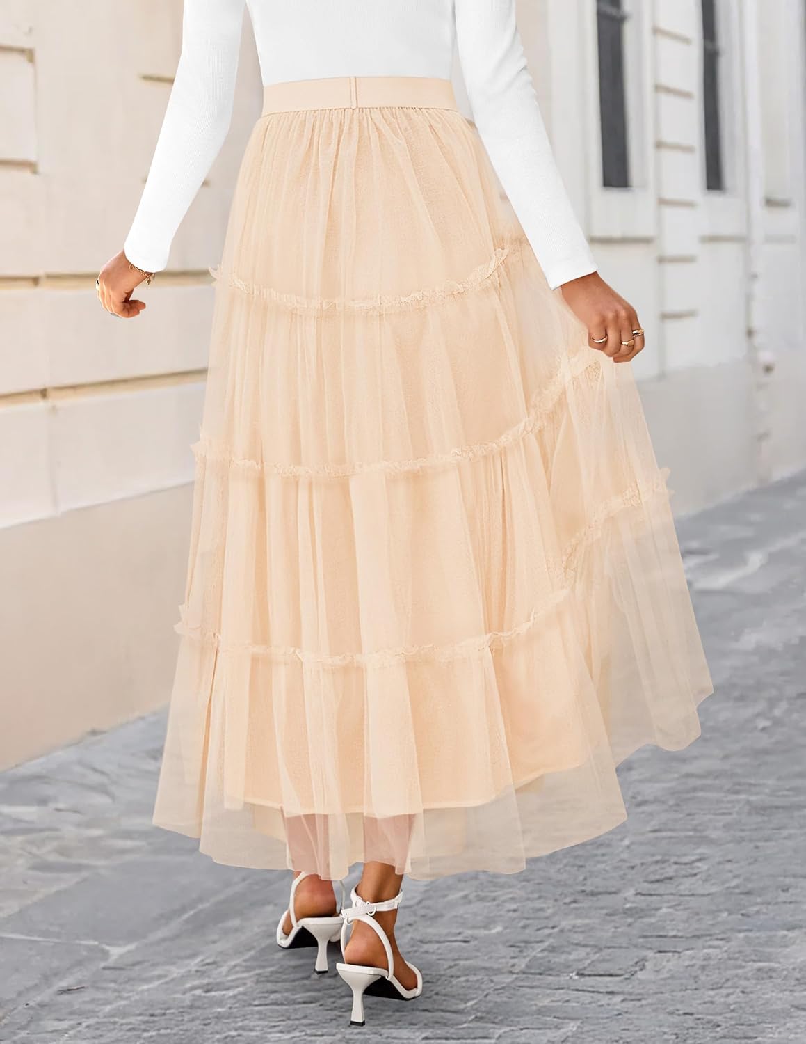 ZESICA Women's Tulle Maxi Skirt A-Line Flowy Ruffle Tiered Elastic High Waist 2026 Fall Trendy Midi Long Skirts - Image 3