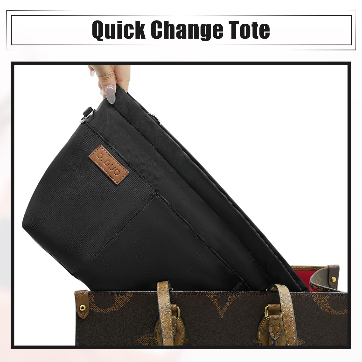 GTNCE Insert Organizer Per Borsa In Nylon Impermeabile, Multi-tasche Con Portachiavi E Cerniera, Nero, Taglia L (28,5x20x11 Cm) - 2