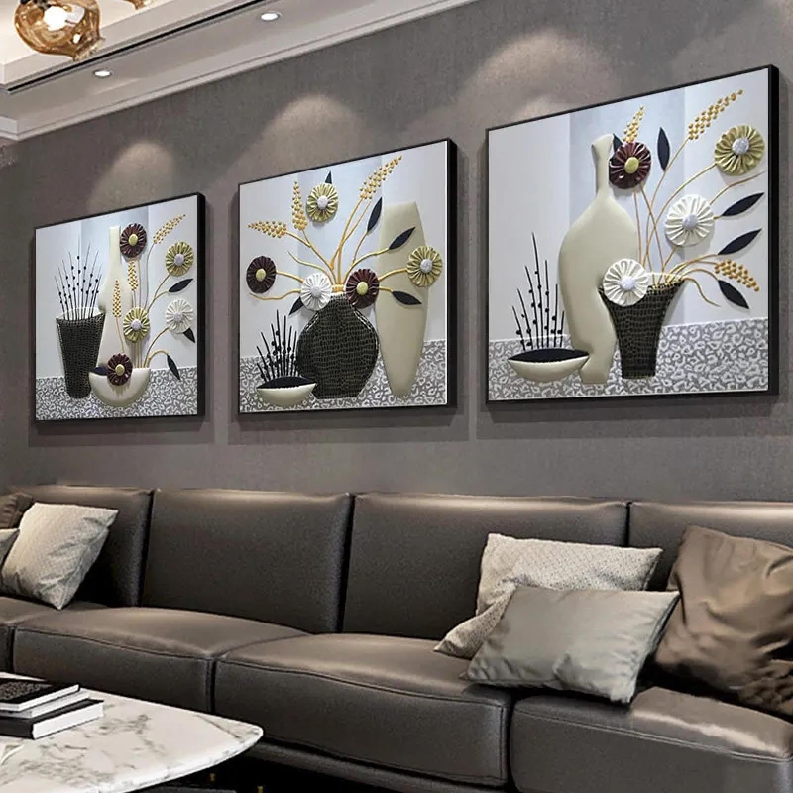 Art toile peinture fleur vase style chinois original triptyque carré 80x80 - 8