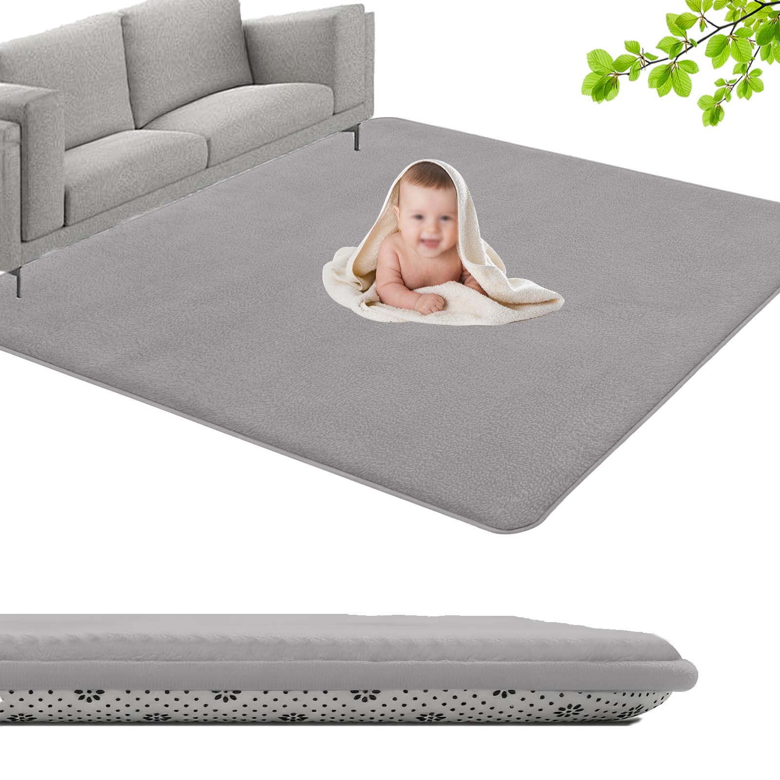 GmyoieqI Large Coral Velvet Baby Play Mat, 3CM Memory Foam Area Rug 130 x 160 cm Children's play mat Soft Play & Tummy Time, Playmat for Floor with Non-Slip Backing Crawling, Easy Care Rug Grey