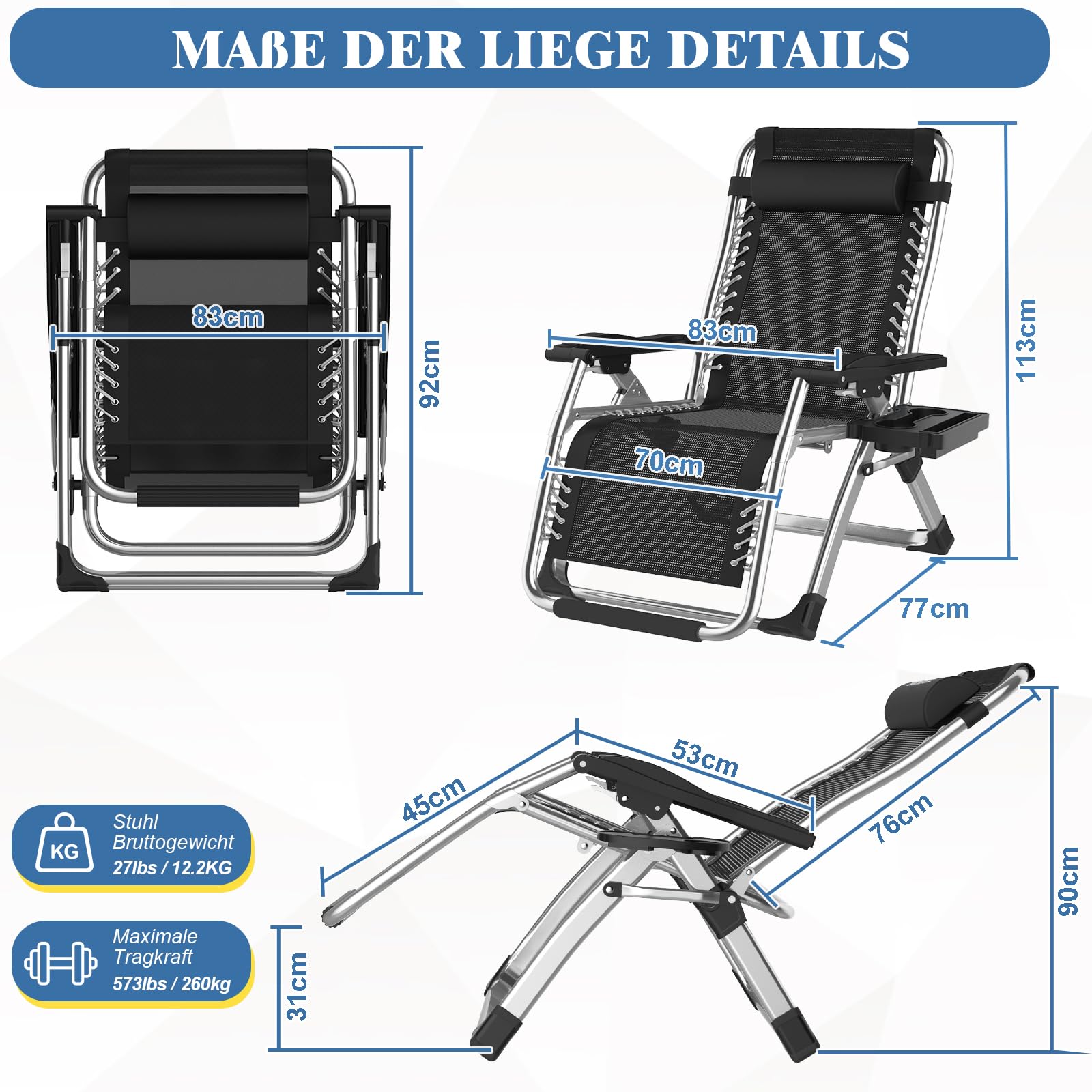 Fiutazge 83cm ExtraBreite Sonnenliege Verstellbare Rückenlehne,Liegestuhl Klappbar mit Kissen,Getränkehalter und Kopfpolster,Gartenliege,Liegestühle für Patio,Balkon,Strand,Camping-Grau