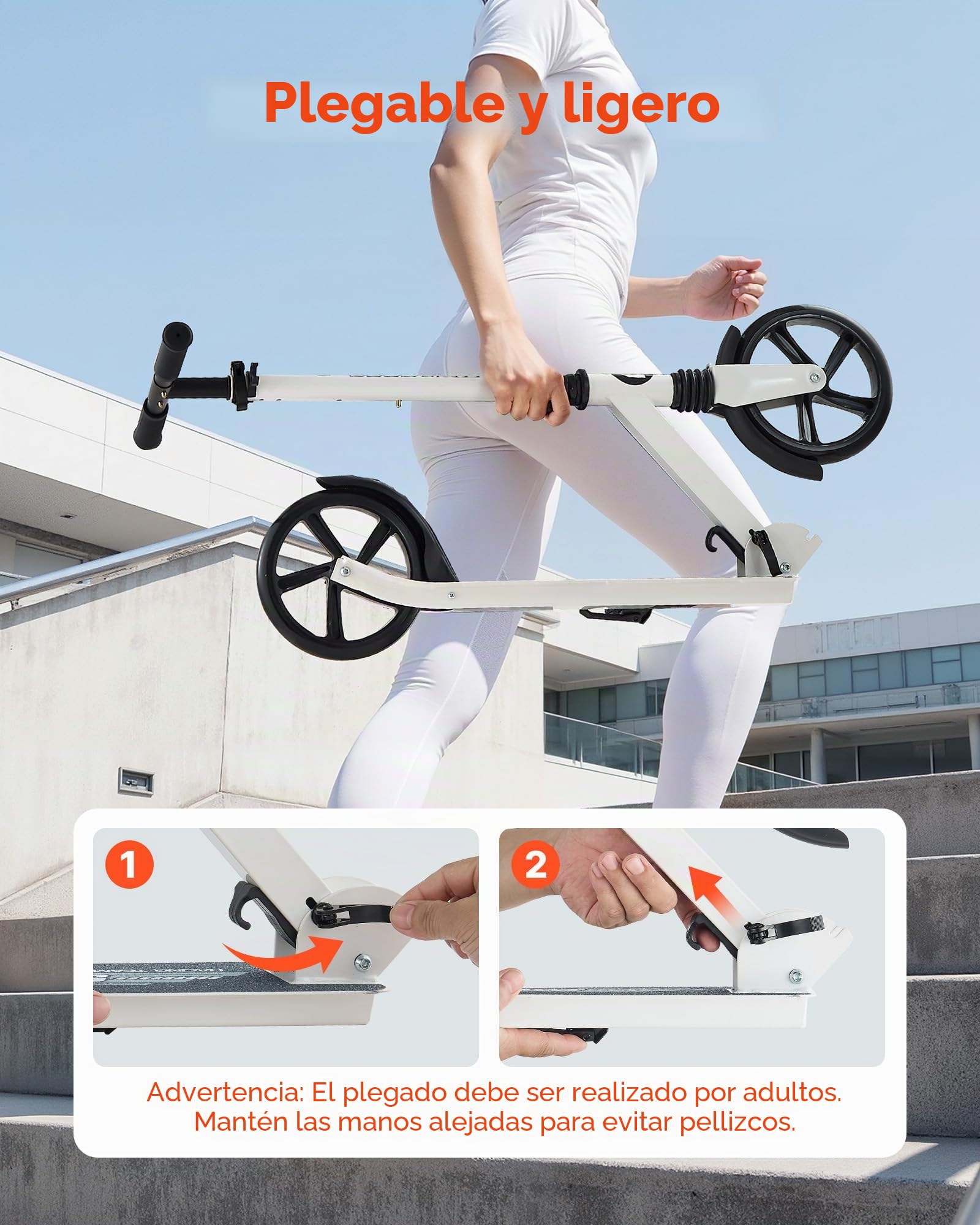 VEVOR Patinete 2 Ruedas, para Niños a Partir de 8 Años, Patinete de Calle Plegable con Manillar Regulable en Altura y Base Antideslizante, Chasis de Acero, hasta 100 kg, Color Negro y Blanco