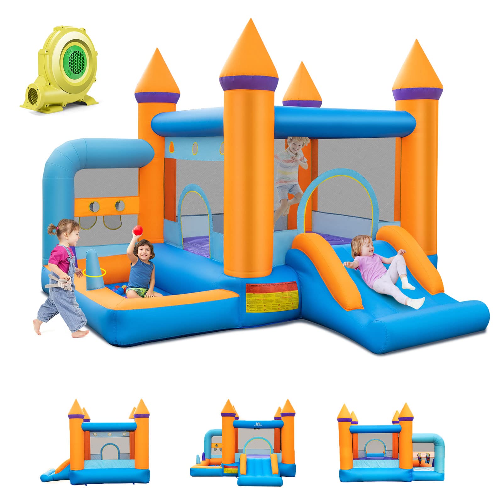 GOPLUS Inflatable Castle for Kids, Inflatable Playground with Blower 680W, Slide, Pool, Jumping Space, Basketball Basket (Orange, with Blower 680W)