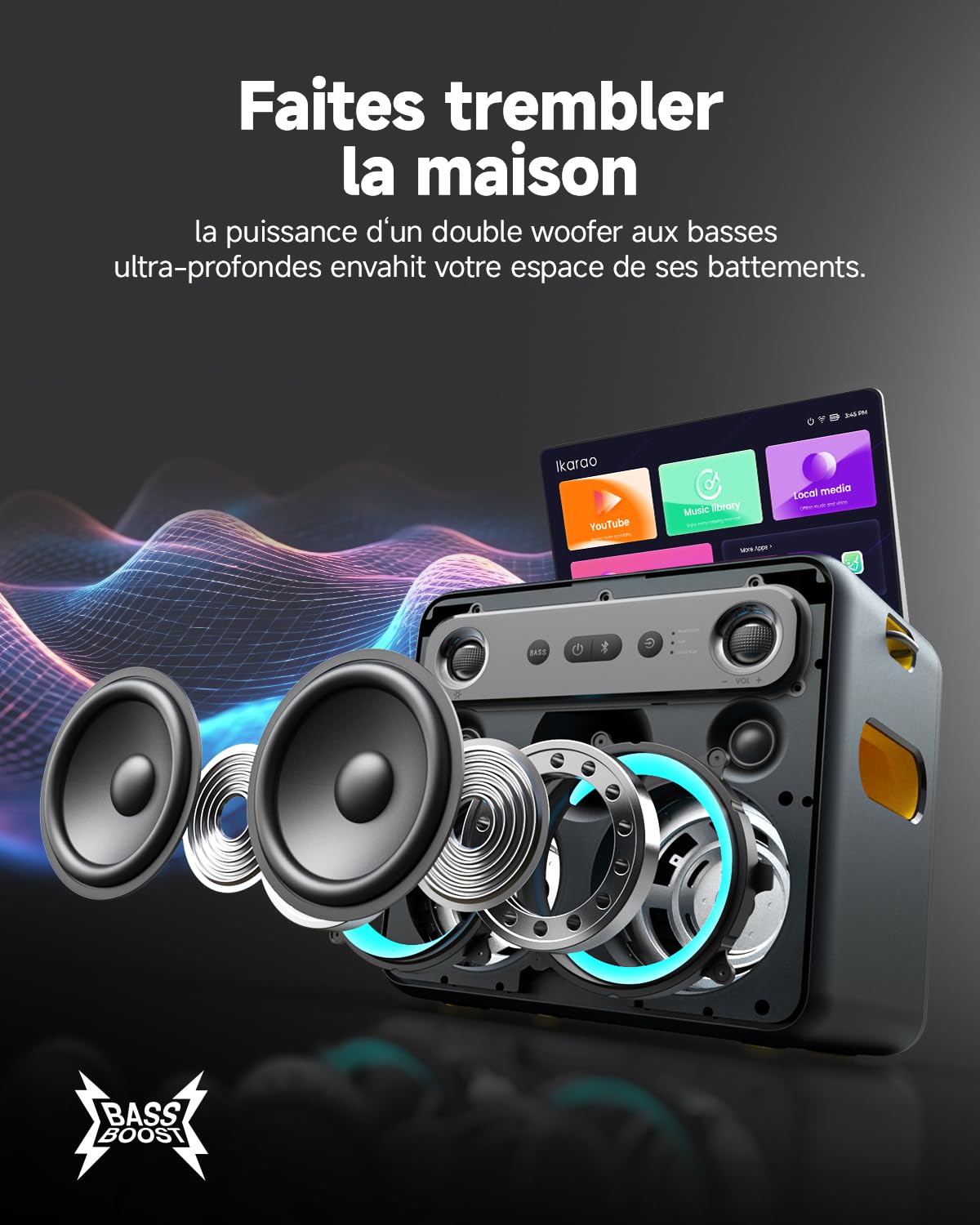 Karaoké Adulte avec Écran, Haut-Parleur Bluetooth Portable Karaoke pour Adultes avec 2 Microphones sans Fil, Système PA pour Adultes et Enfants avec Lumières LED pour Les Fêtes-Break X2 Noir