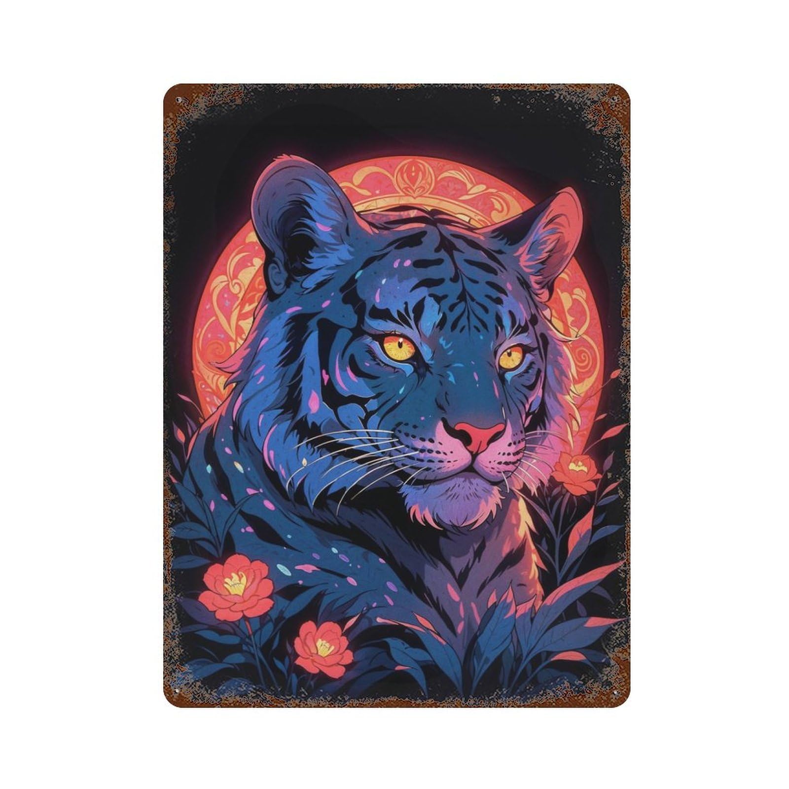 Garage Style Neon Tiger Portrait Distressed Metal Wall Sign 15.7"x11.8", Decorative Metal Wall Art for Bar And Workshop