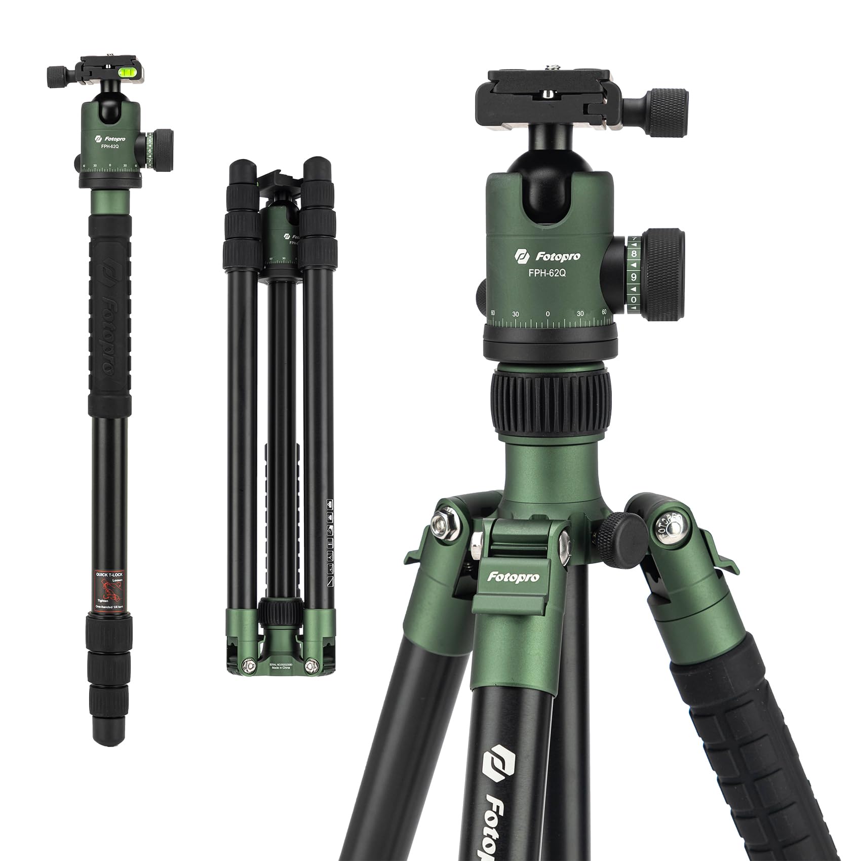Fotopro 68" Camera Tripod for DSLR, Heavy Duty Compact Travel Tripod with Ball Head, Detachable Monopod with Quick Release Plate and Bag, Load up to 12KG/26.5lbs, Green