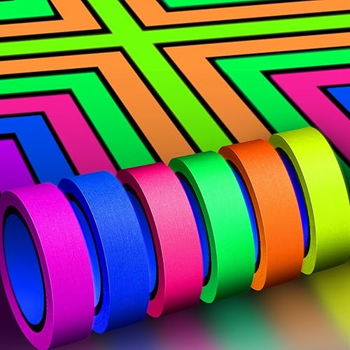 (6) - Whaline 6 Colours Neon Gaffer Cloth Tape, Fluorescent UV Blacklight Glow in The Dark Tape for UV Party (1.5cm x 5m) - 1.5cm x 5m