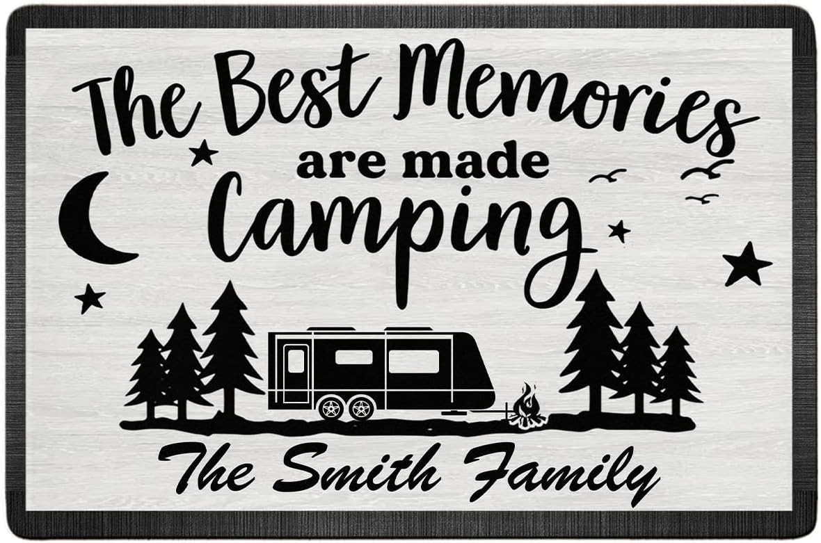 Personalized Campsite Doormat The Best Memories are Made Camping - Custom Family Name Camping Door Mat, RV Campers Accessories, Campsite Rugs Decorations, 16 x 24 inches