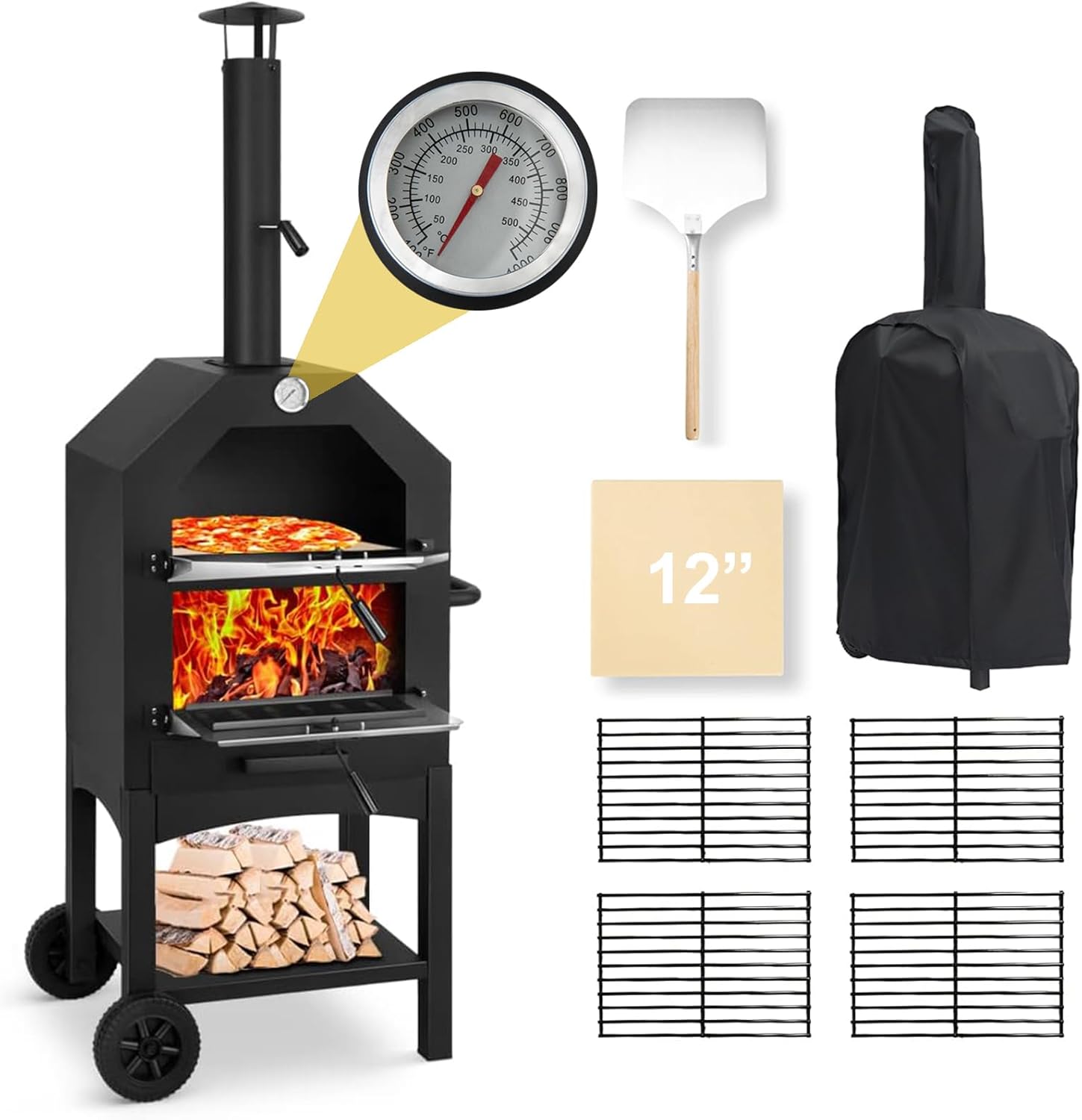 Outdoor Wood Fired Pizza Oven for Backyard and Camping - Portable Patio Pizza Maker with Baking Stone, Peel, Grill Rack and Waterproof Cover