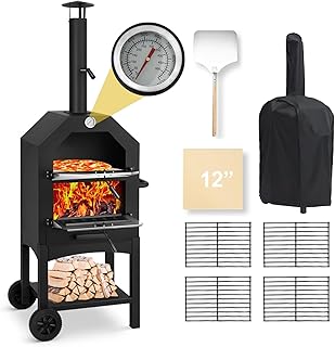 Outdoor Wood Fired Pizza Oven for Backyard and Camping - Portable Patio Pizza Maker with Baking Stone, Peel, Grill Rack and Waterproof Cover