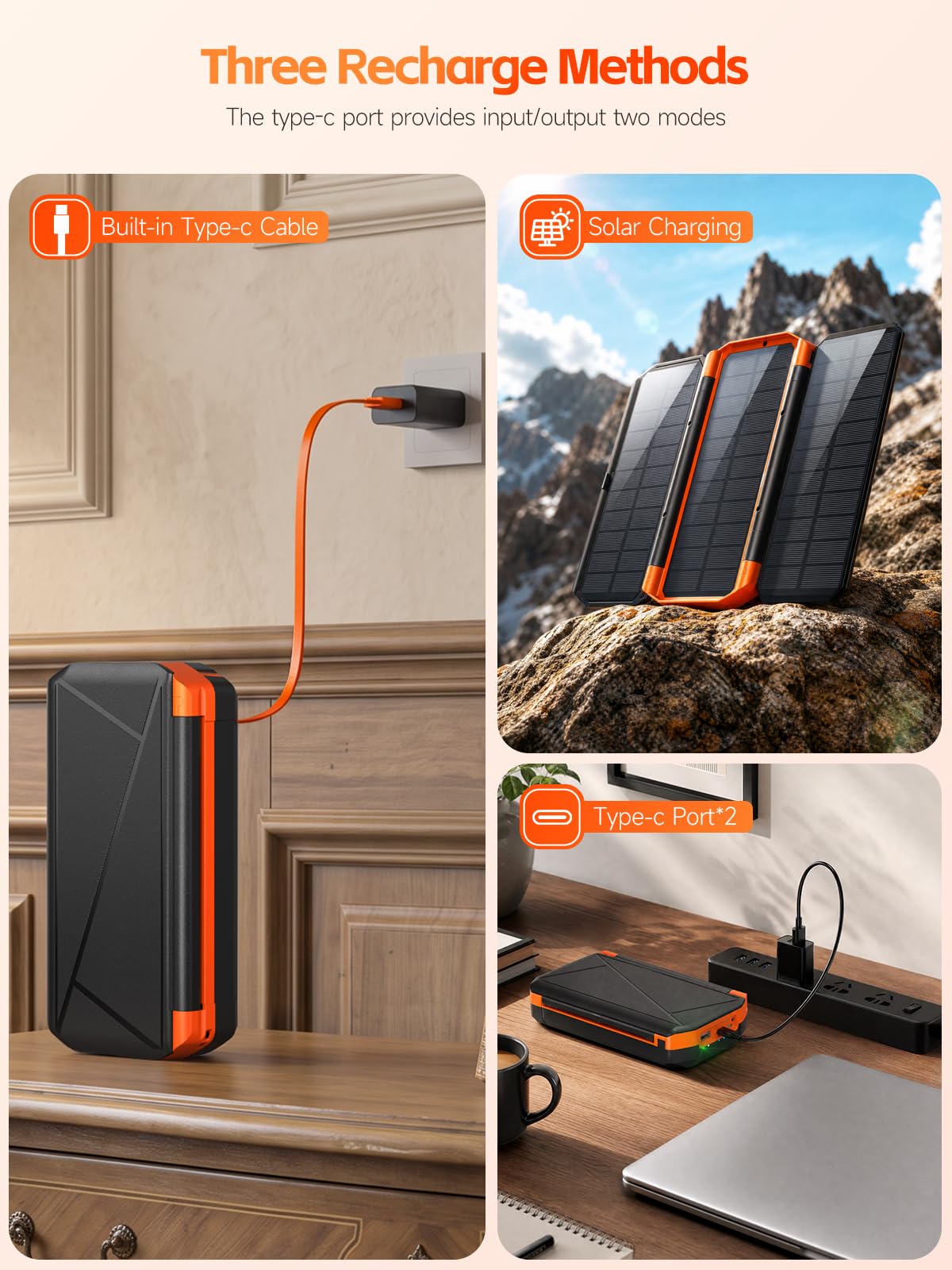 Power Bank Solare 63200mAh 30W Ricarica Rapida con 3 Pannelli Solari | Batteria Esterna con 4 Uscite, Torcia extra large SOS, Ricarica Rapida e Indicatore di Carica Solare, Ideale per Outdoor