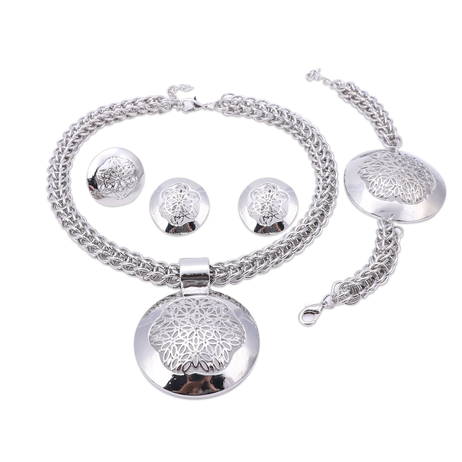 OUHE African Dubai Indian Jewelry Sets for Women-Necklace Earrings Bracelet Ring-Bridal Bridesmaid Costume Wedding Party-Gold/Silver Plated Rhinestones