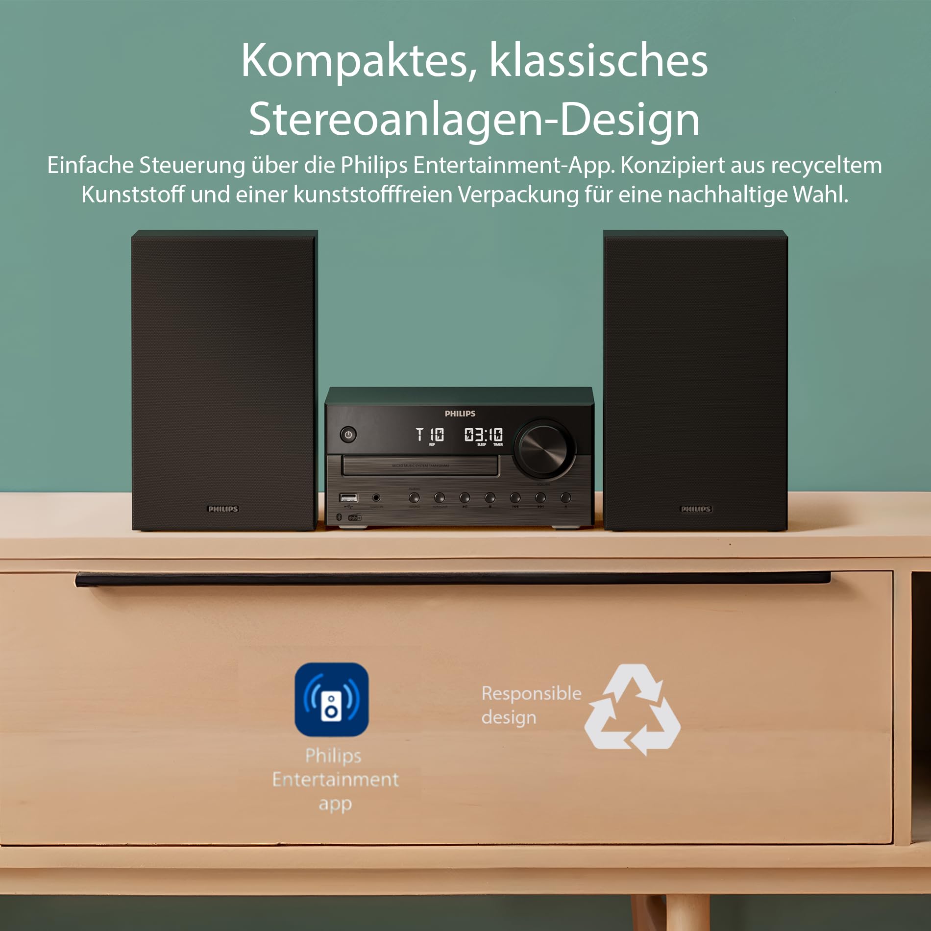 Philips TAM4555 Mikro-Hi-Fi-Anlage – 100 W, Bassreflex, DAB+/UKW, CD, USB, Audio-Eingang, Bluetooth 5.4, Auracast, Fernbedienung, digitale Soundvoreinstellungen, umweltfreundliche Verpackung